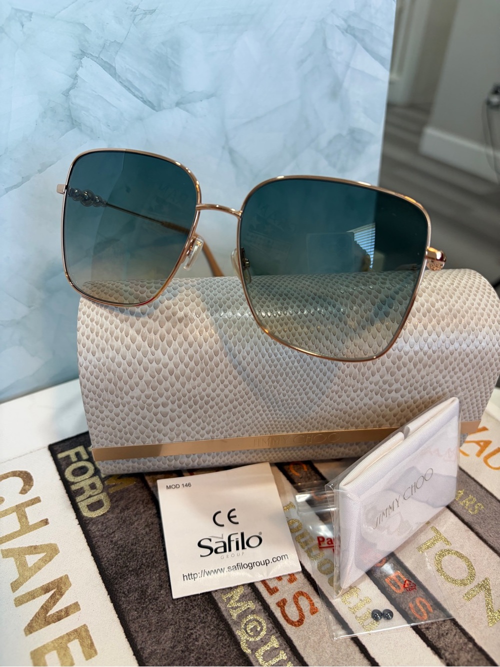 🕶️Jimmy Choo Hester/S Rose Gold Square Sunglasses Beaded w/ Blue Lenses🌞